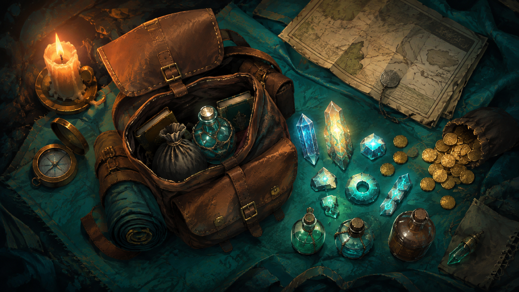 Original backpack and relic-inventory illustration, not gameplay