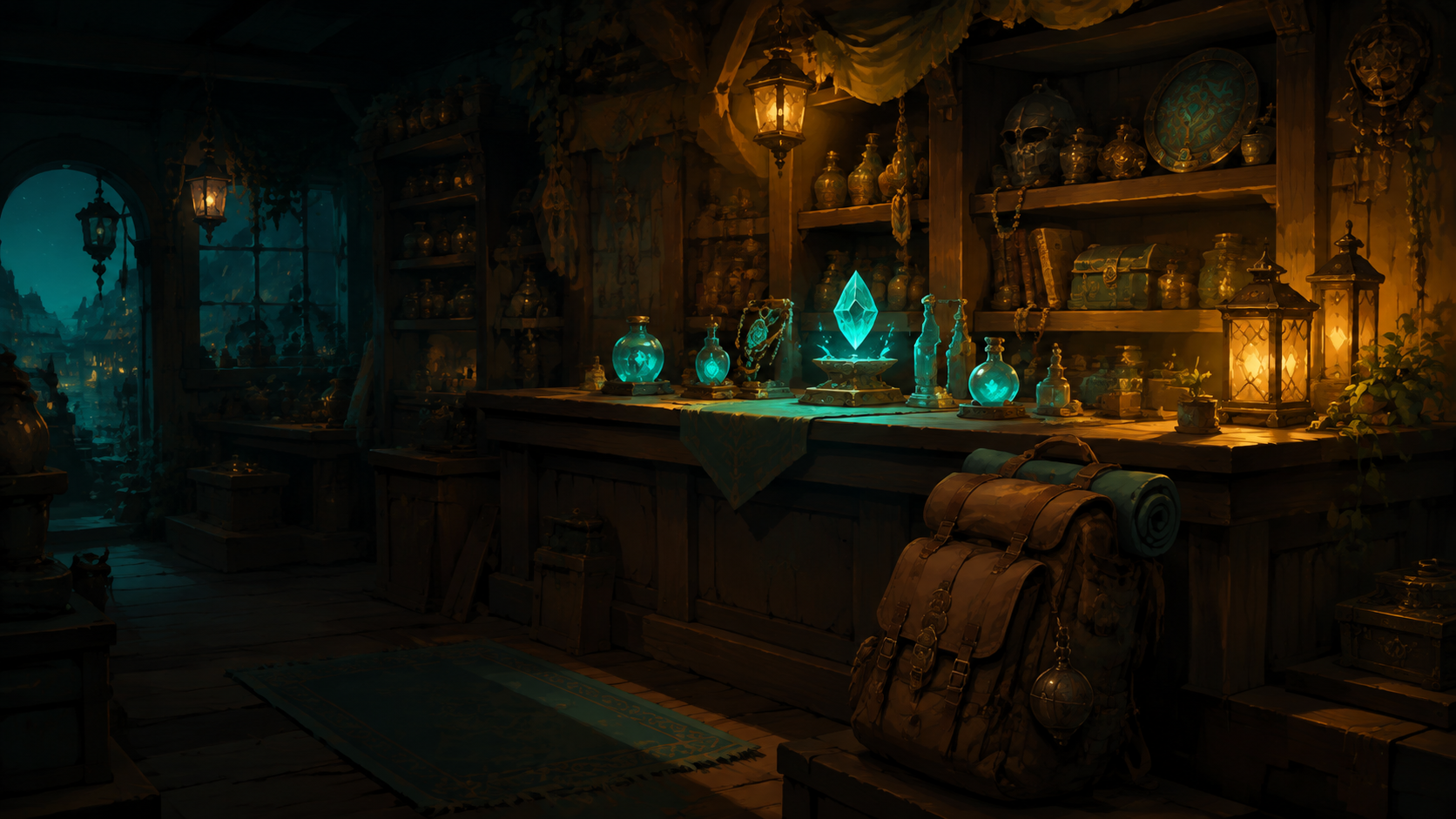 Original shopkeeping and relic illustration, not gameplay